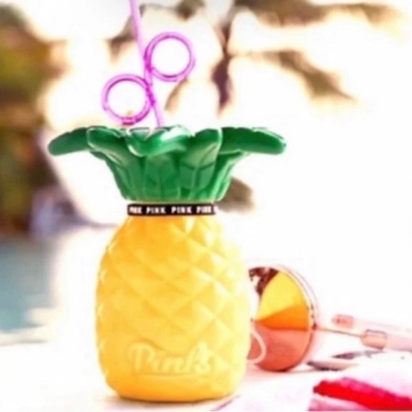 PINK Victoria’s Secret | Pineapple Curly Straw Drink Bottle Tumbler Cup - Picture 1 of 8
